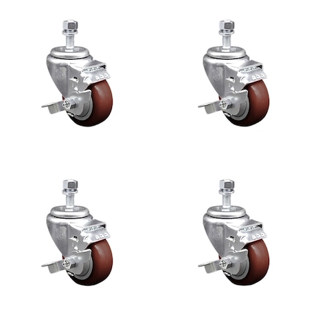 Service Caster 3.5 Inch SS Maroon Polyurethane Swivel 1/2 Inch Threaded Stem Caster Set Brake SCC SSTS20S3514-PPUB-MRN-TLB-121315-4